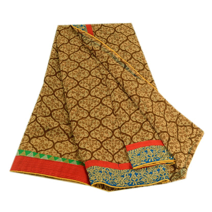 Sanskriti Vintage Brown Indian Sarees Chiffon Print Lace Work Sari Craft Fabric