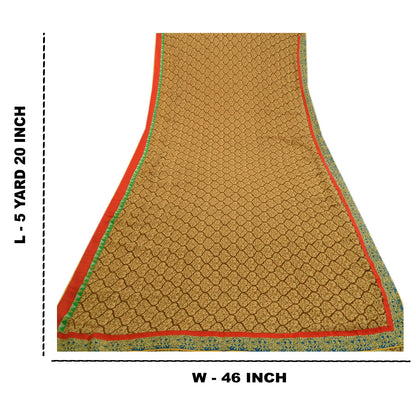Sanskriti Vintage Brown Indian Sarees Chiffon Print Lace Work Sari Craft Fabric