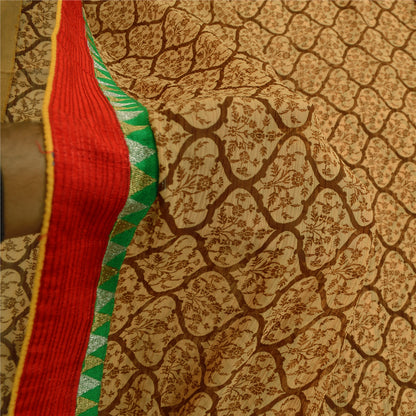 Sanskriti Vintage Brown Indian Sarees Chiffon Print Lace Work Sari Craft Fabric