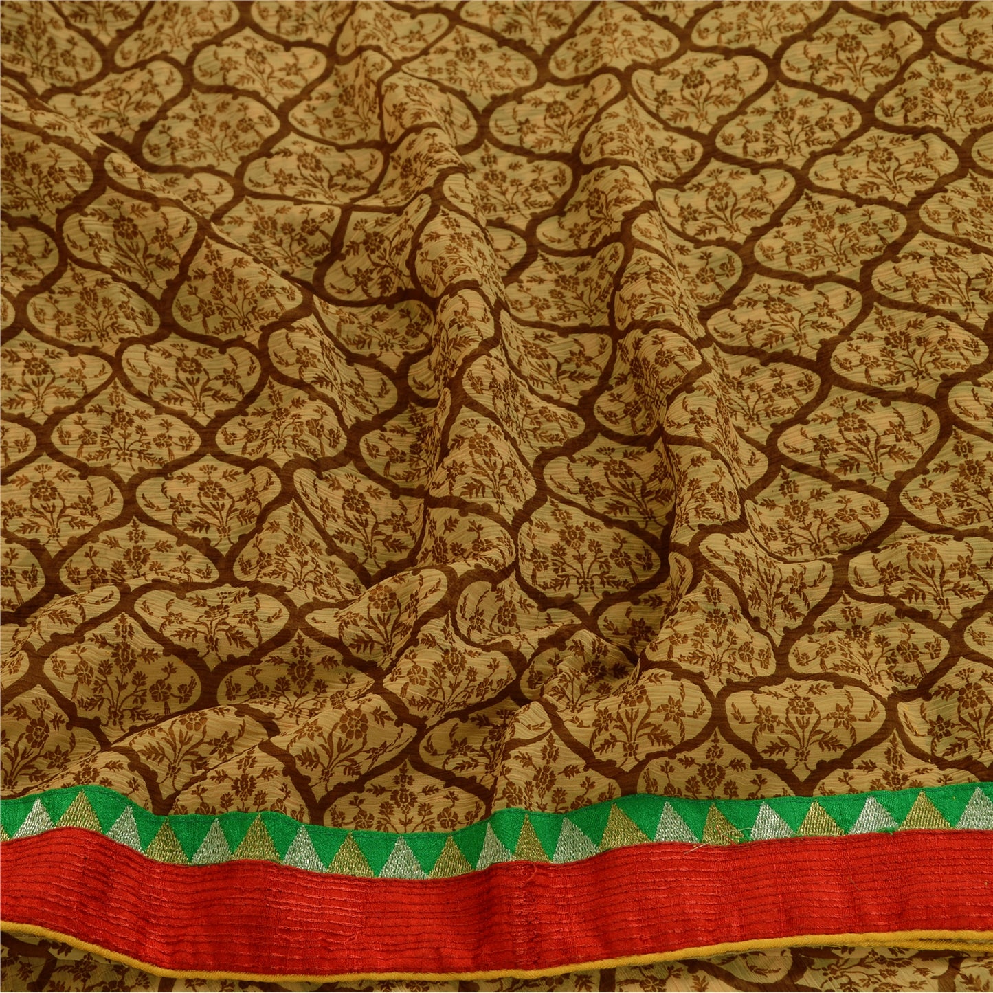 Sanskriti Vintage Brown Indian Sarees Chiffon Print Lace Work Sari Craft Fabric