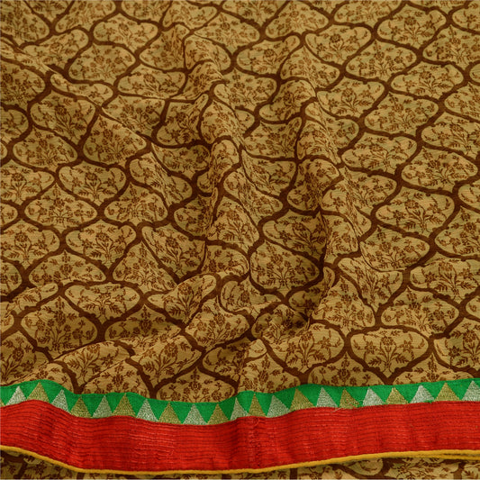 Sanskriti Vintage Brown Indian Sarees Chiffon Print Lace Work Sari Craft Fabric