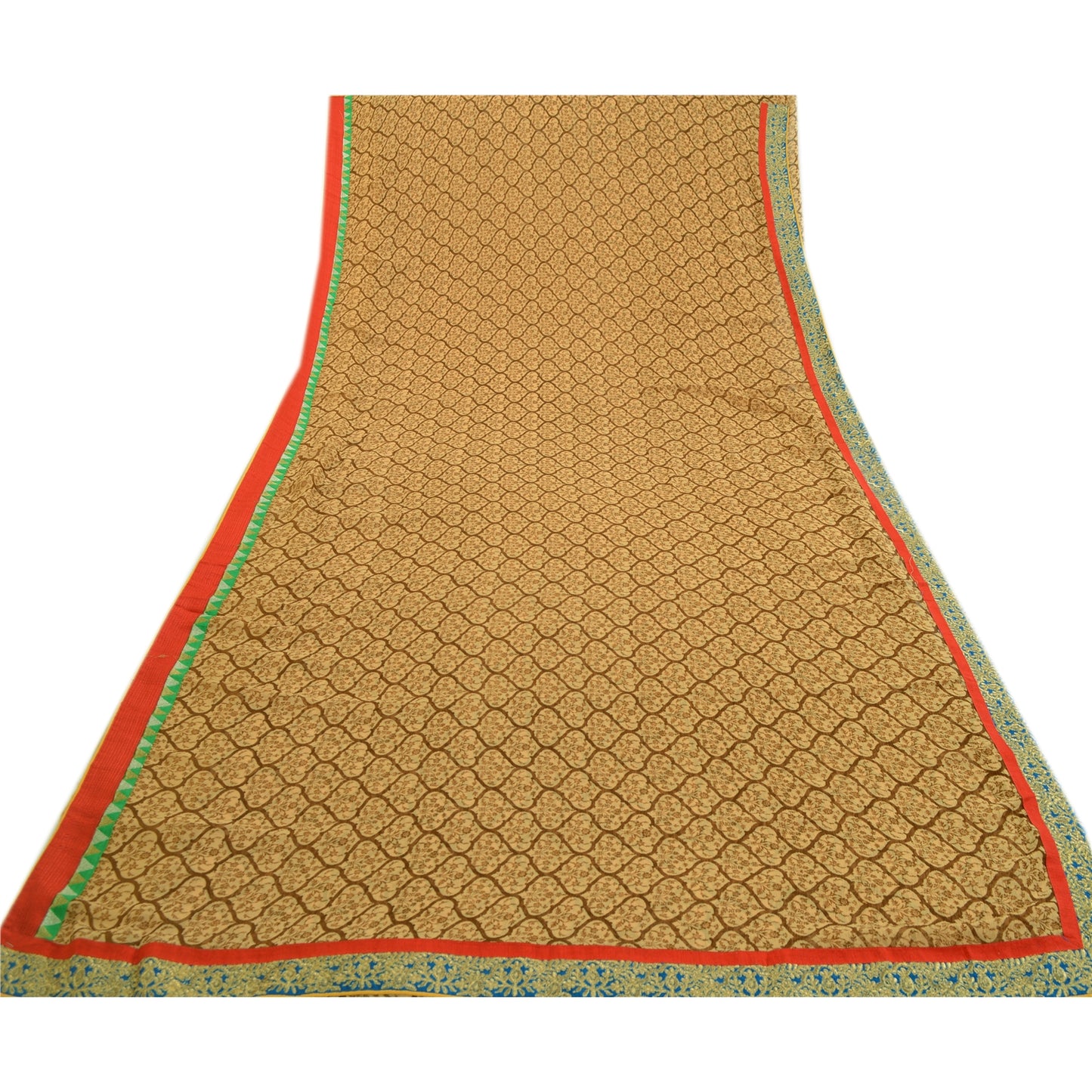 Sanskriti Vintage Brown Indian Sarees Chiffon Print Lace Work Sari Craft Fabric