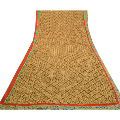 Sanskriti Vintage Brown Indian Sarees Chiffon Print Lace Work Sari Craft Fabric