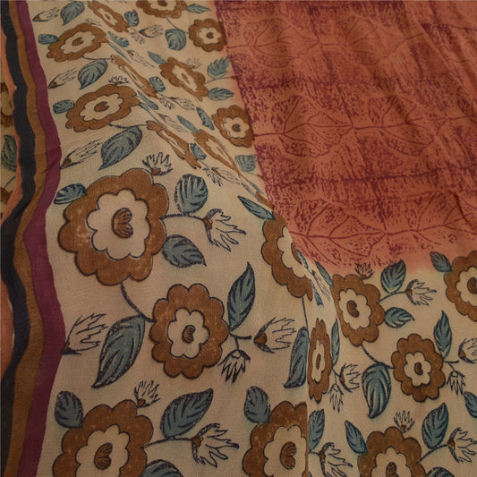 Sanskriti Vintage Saree Brown 100% Pure Georgette Silk Floral Printed Sari 5.5+YD Craft Fabric Crafting, Upcycling,Dress Making,Home Decor