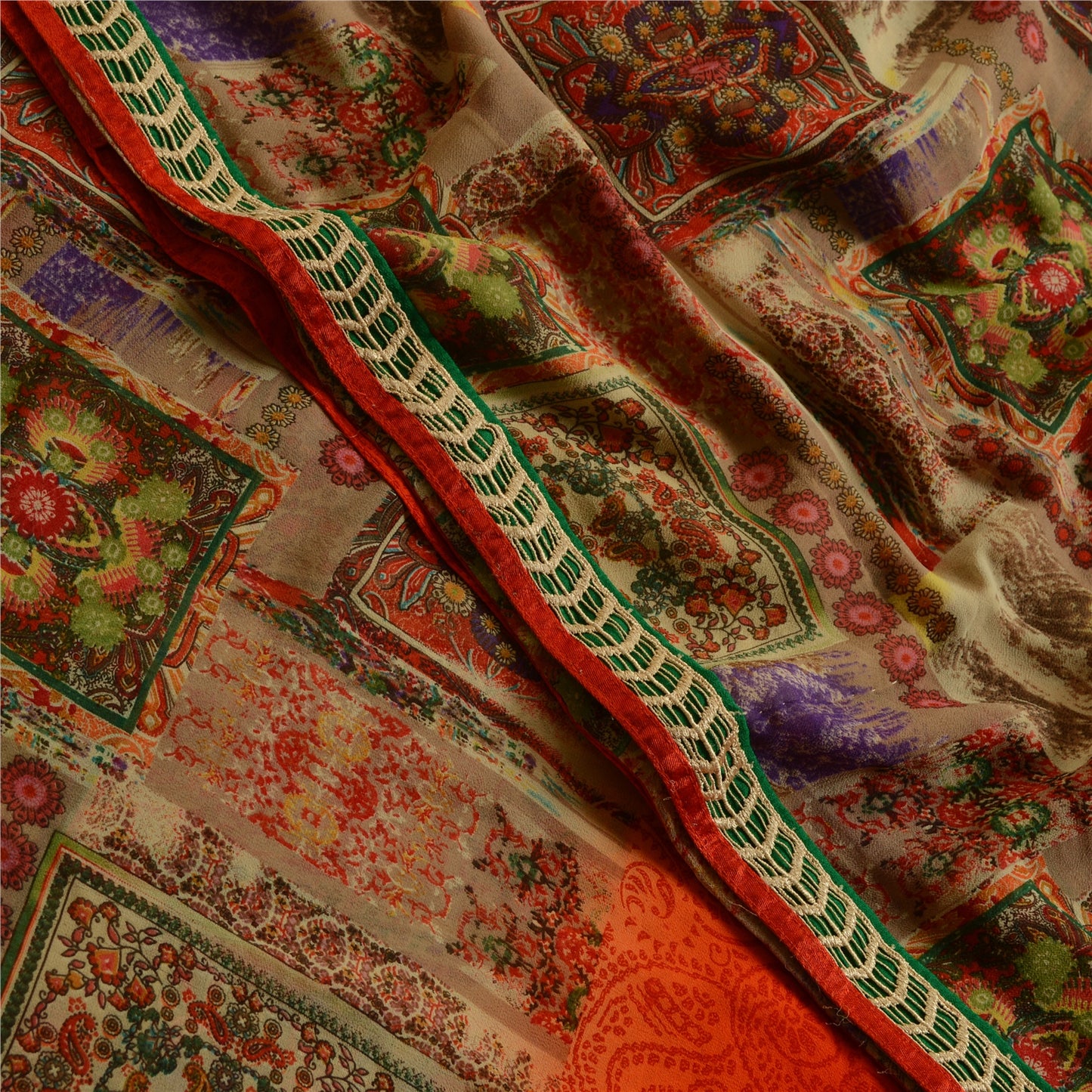 Sanskriti Vintage Indian Orange Sarees Georgette Printed Sari Soft Craft Fabric