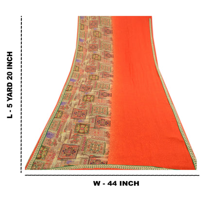 Sanskriti Vintage Indian Orange Sarees Georgette Printed Sari Soft Craft Fabric