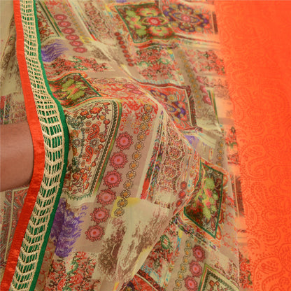 Sanskriti Vintage Indian Orange Sarees Georgette Printed Sari Soft Craft Fabric