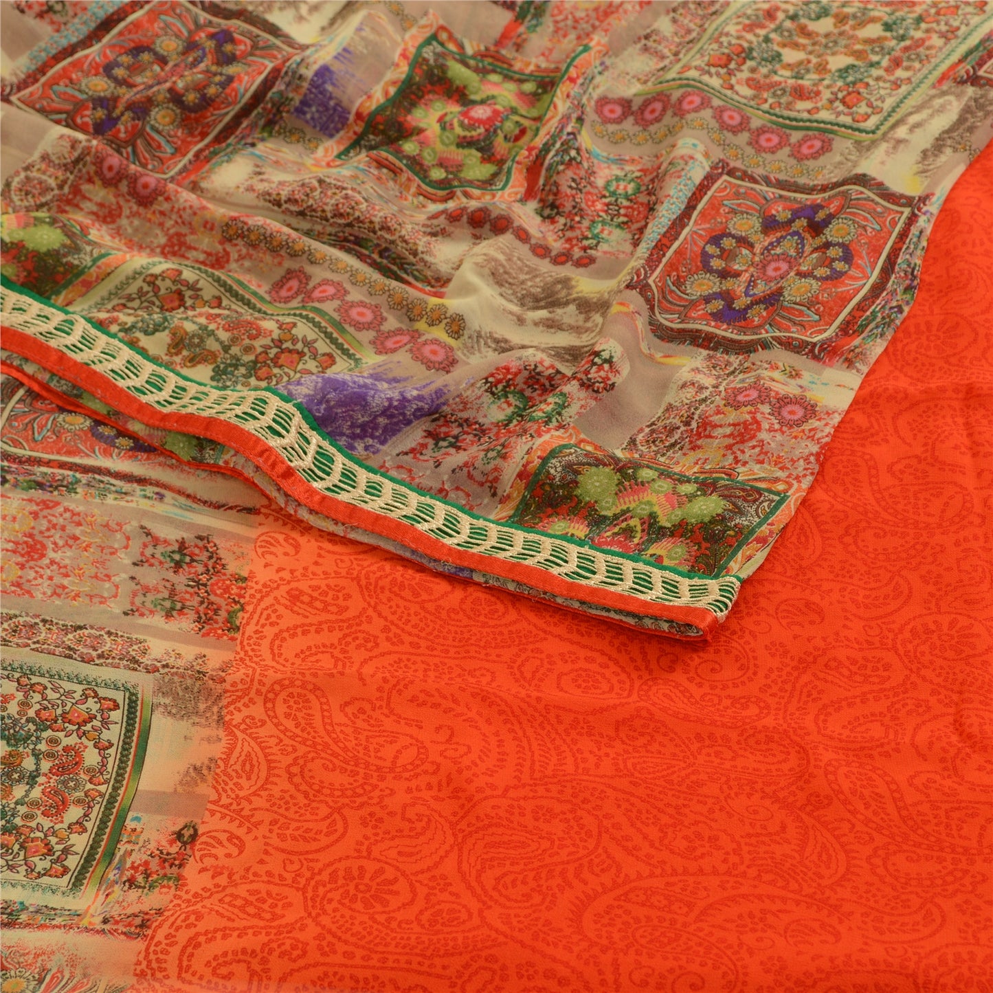 Sanskriti Vintage Indian Orange Sarees Georgette Printed Sari Soft Craft Fabric