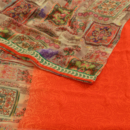 Sanskriti Vintage Indian Orange Sarees Georgette Printed Sari Soft Craft Fabric