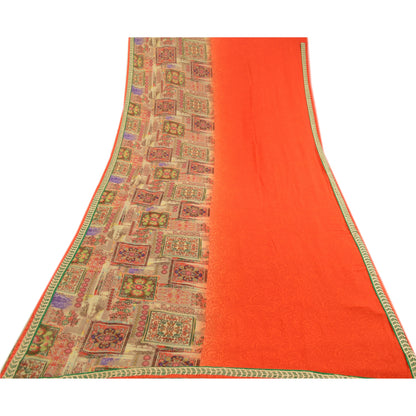 Sanskriti Vintage Indian Orange Sarees Georgette Printed Sari Soft Craft Fabric