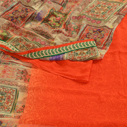Sanskriti Vintage Indian Orange Sarees Georgette Printed Sari Soft Craft Fabric