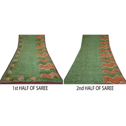 Sanskriti vintage Green Sarees Pure Georgette Silk Printed Sari Craft 5Yd Fabric