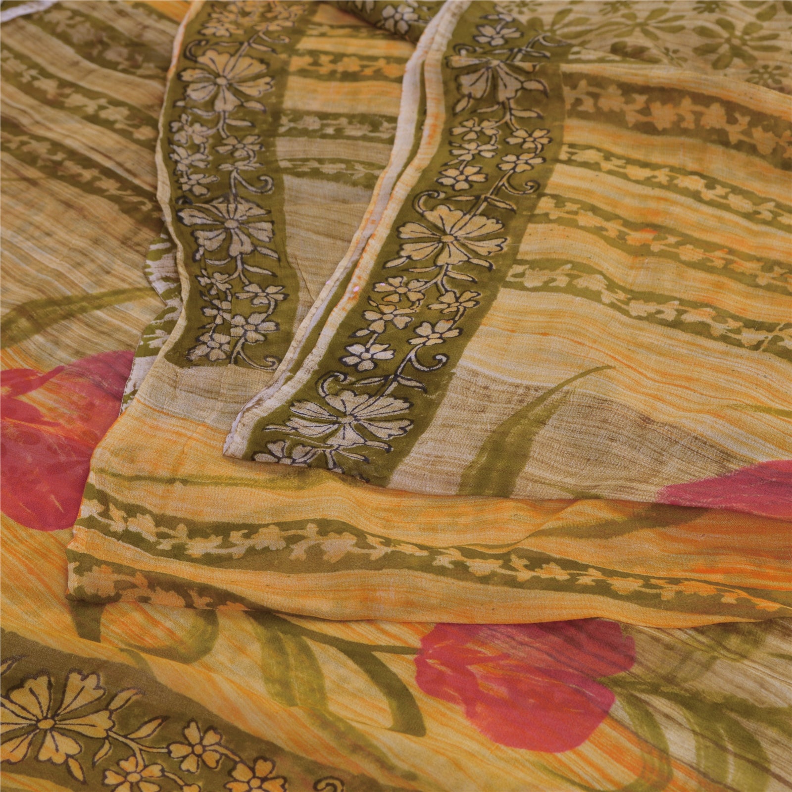 Sanskriti Vintage Yellow Sarees Pure Georgette Silk Printed Sari Craft Fabric