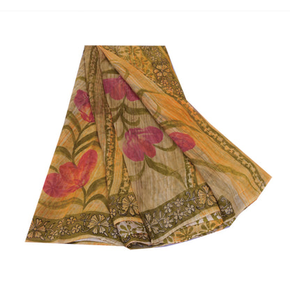 Sanskriti Vintage Yellow Sarees Pure Georgette Silk Printed Sari Craft Fabric