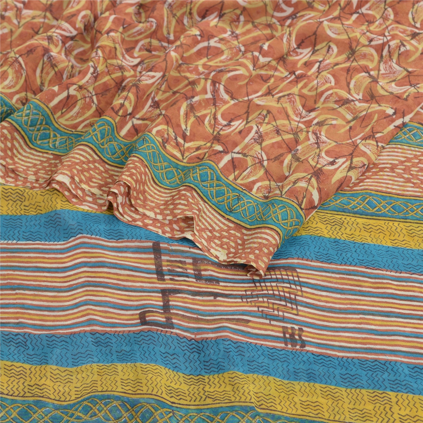 Sanskriti Vintage Sarees Orange Pure Georgette Silk Printed Sari Craft Fabric