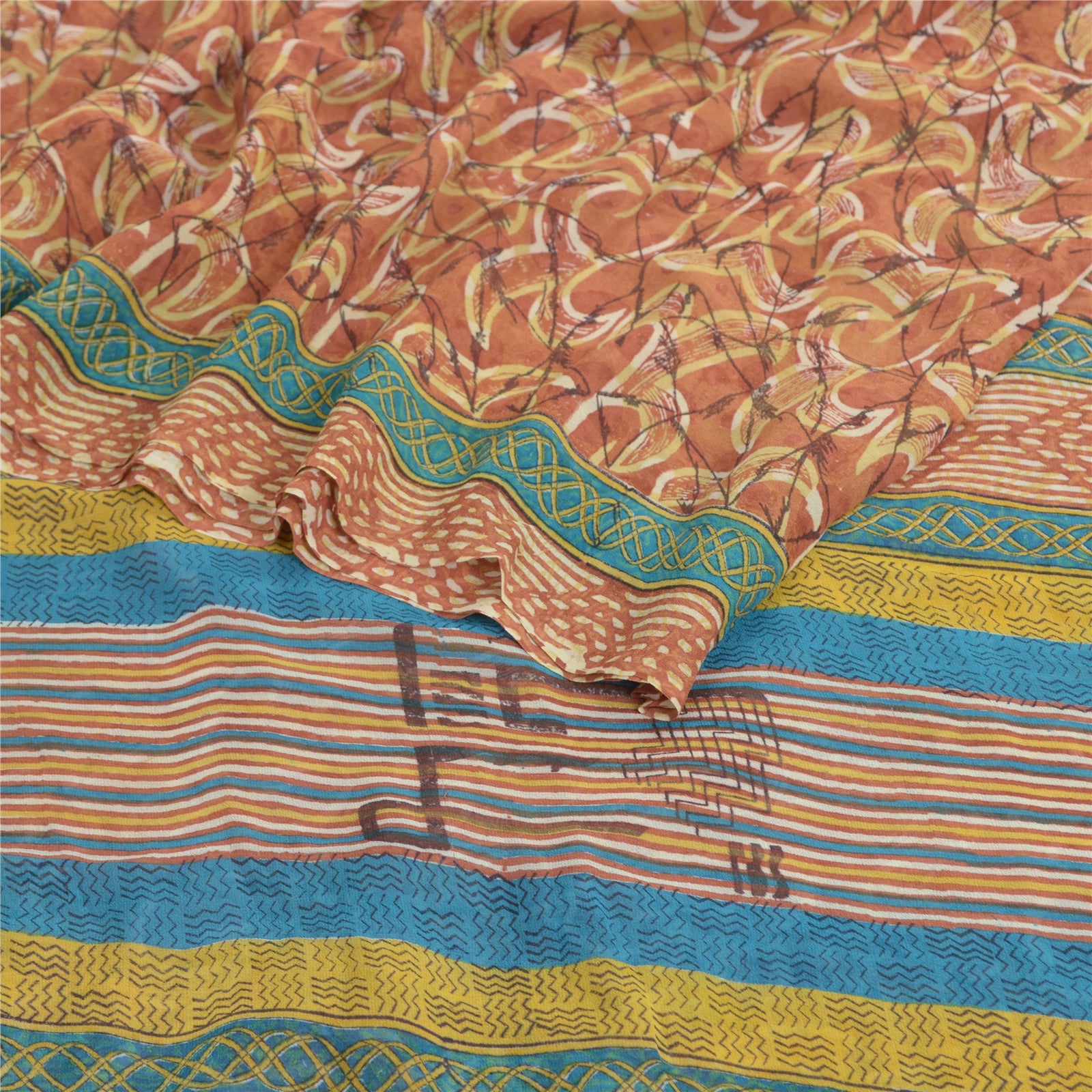 Sanskriti Vintage Sarees Orange Pure Georgette Silk Printed Sari Craft Fabric