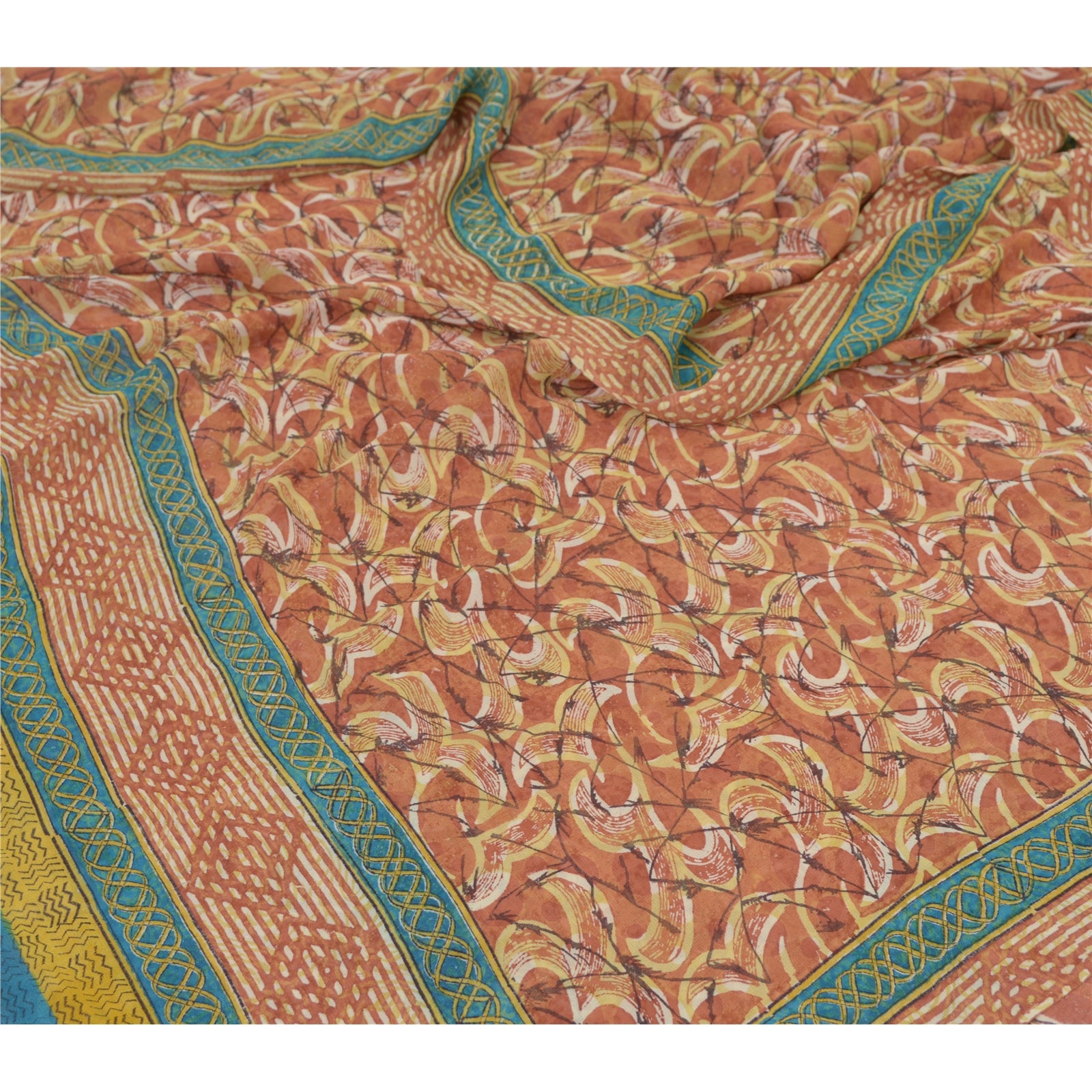 Sanskriti Vintage Sarees Orange Pure Georgette Silk Printed Sari Craft Fabric