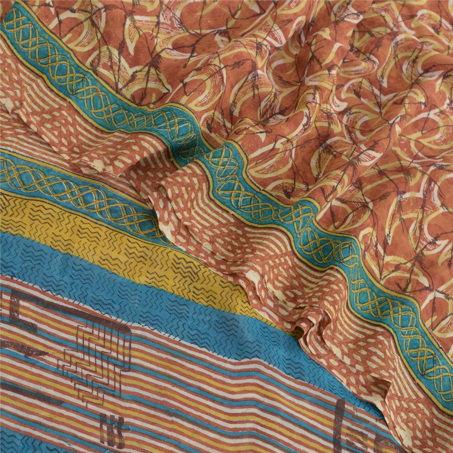 Sanskriti Vintage Sarees Orange Pure Georgette Silk Printed Sari Craft Fabric