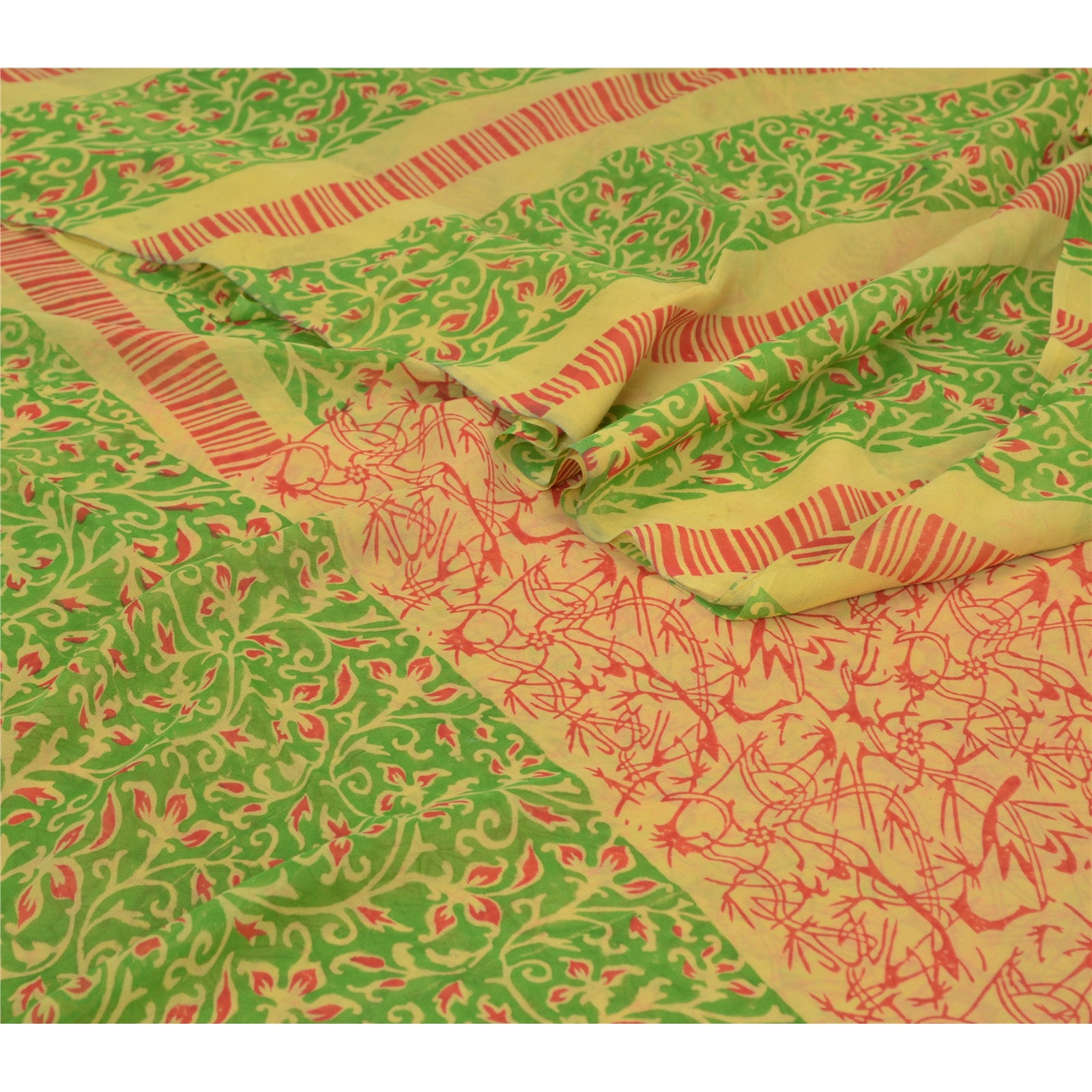 Sanskriti Vintage Grønne Sarier Ren Georgette Silke Trykt Sari Håndværk Bæredygtigt Stoff