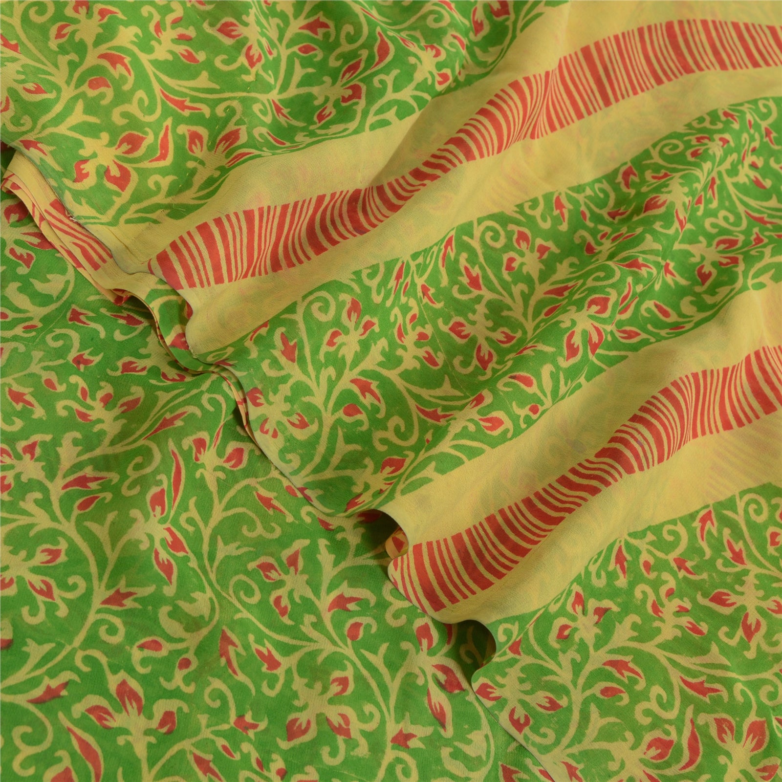 Sanskriti Vintage Grønne Sarier Ren Georgette Silke Trykt Sari Håndværk Bæredygtigt Stoff