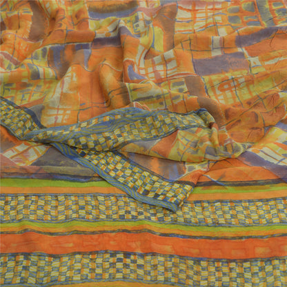 Sanskriti Vintage Sari 100% Pure Georgette Silk Indian Multicolorf Printed Sarees 5 Yd Fabric For Upcycled Sarongs, Scarves, or Stoles
