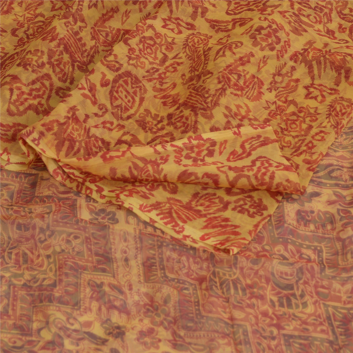 Sanskriti Vintage Yellow Saree 100% Pure Chiffon Silk Paisley Printed Sari 5.5+Yd Craft Fabric Uses-Table linen, Cushions, Curtains,