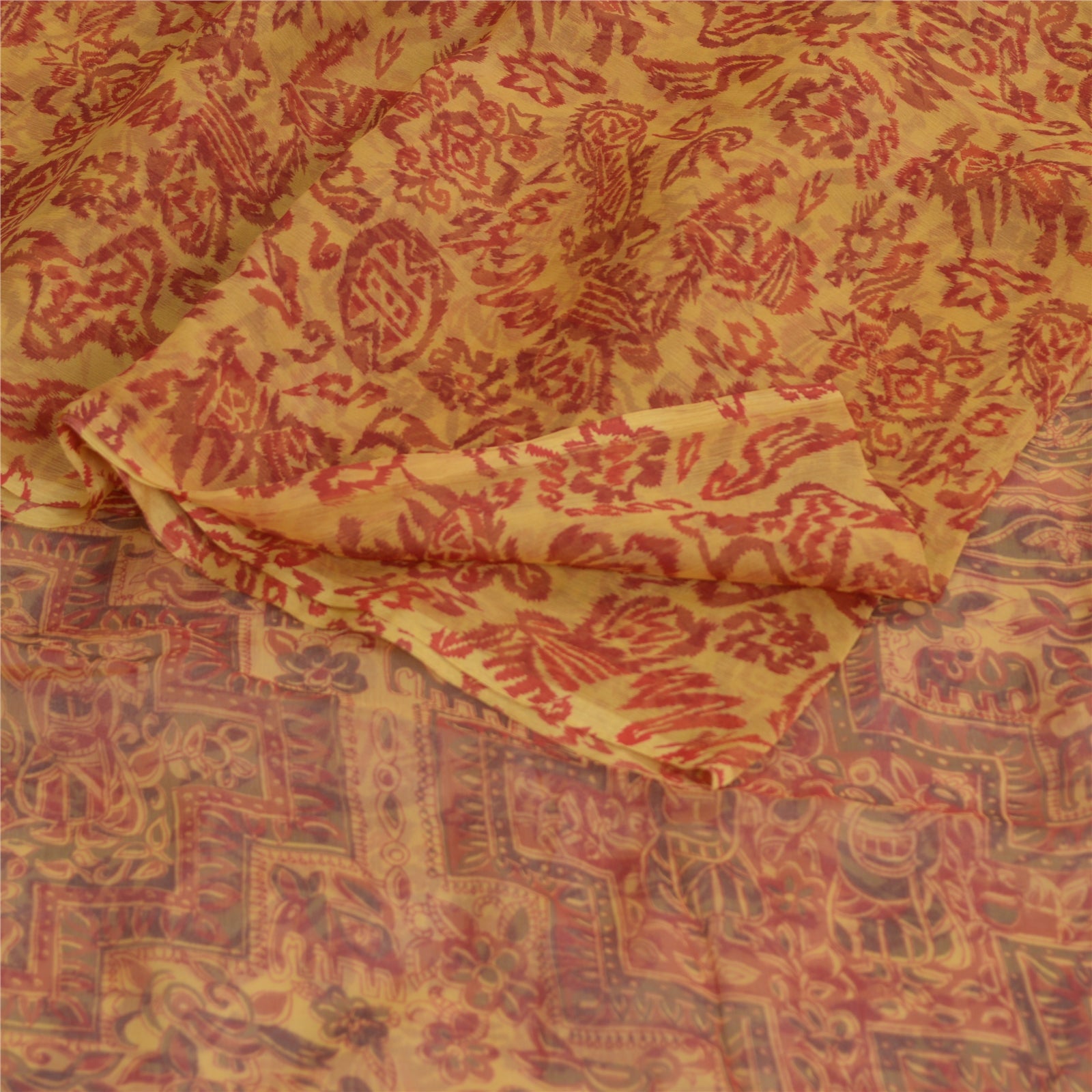 Sanskriti Vintage Yellow Sarees Pure Chiffon Silk Printed Sari 5yd Craft Fabric