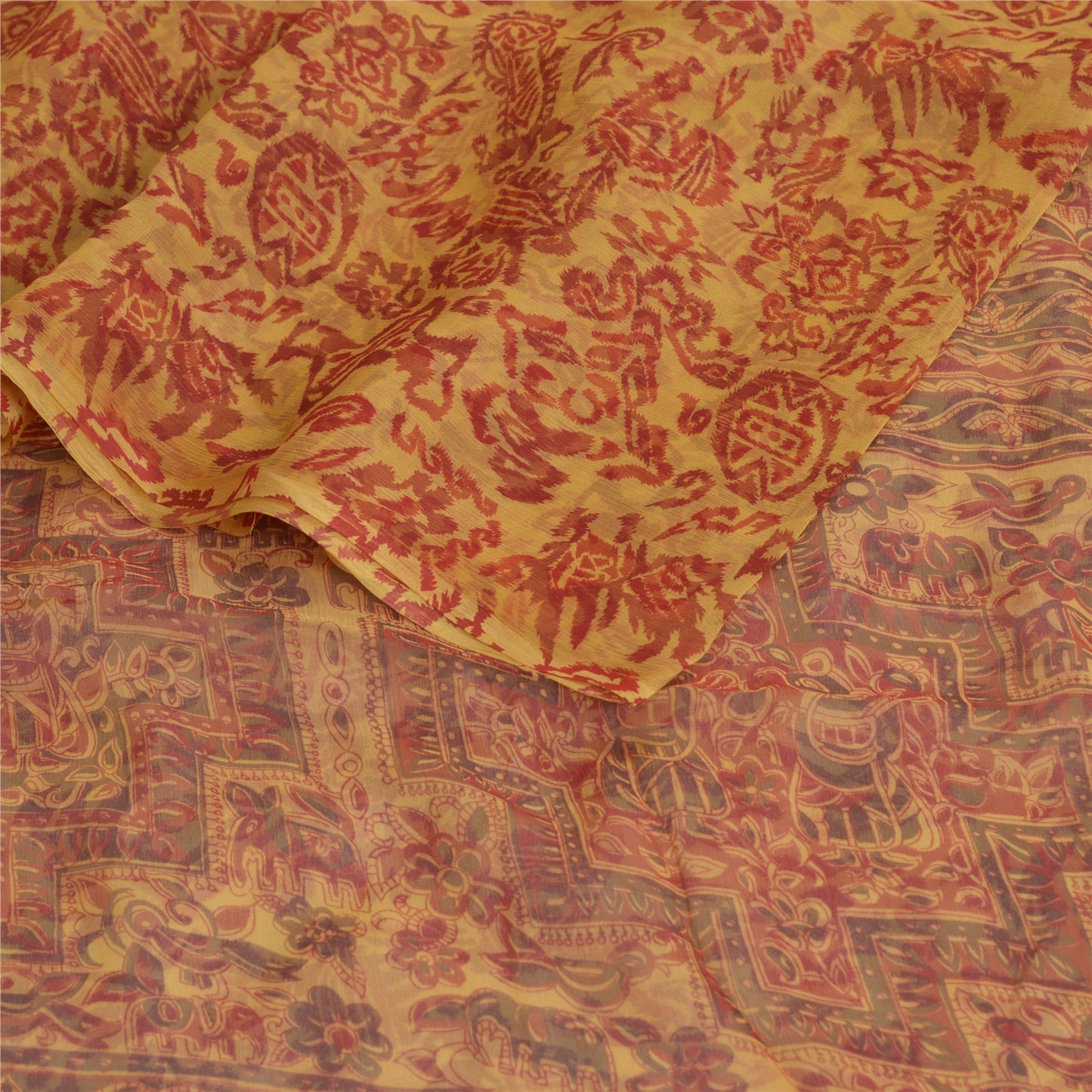 Sanskriti Vintage Yellow Saree 100% Pure Chiffon Silk Paisley Printed Sari 5.5+Yd Craft Fabric Uses-Table linen, Cushions, Curtains,