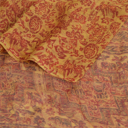 Sanskriti Vintage Yellow Saree 100% Pure Chiffon Silk Paisley Printed Sari 5.5+Yd Craft Fabric Uses-Table linen, Cushions, Curtains,