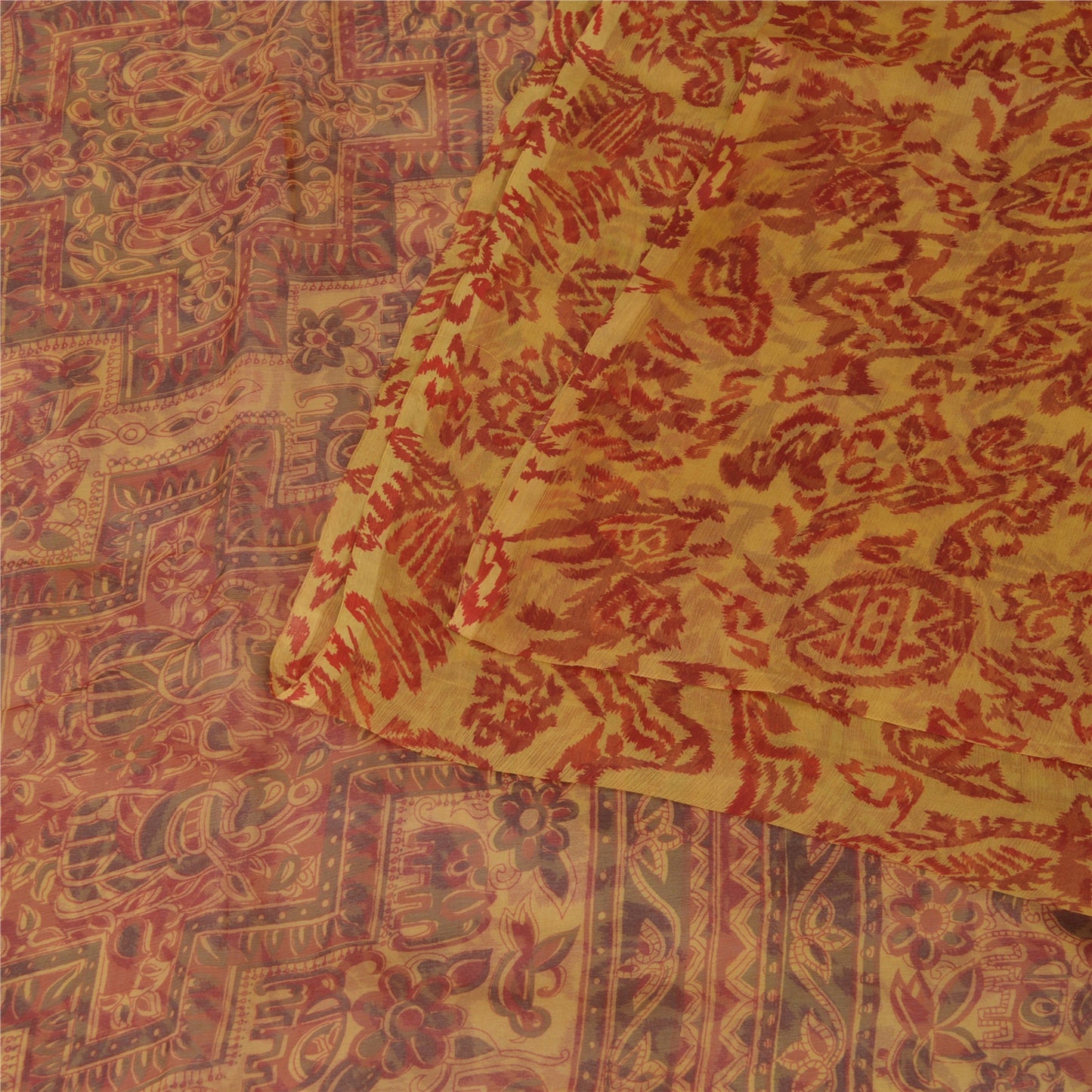 Sanskriti Vintage Yellow Saree 100% Pure Chiffon Silk Paisley Printed Sari 5.5+Yd Craft Fabric Uses-Table linen, Cushions, Curtains,
