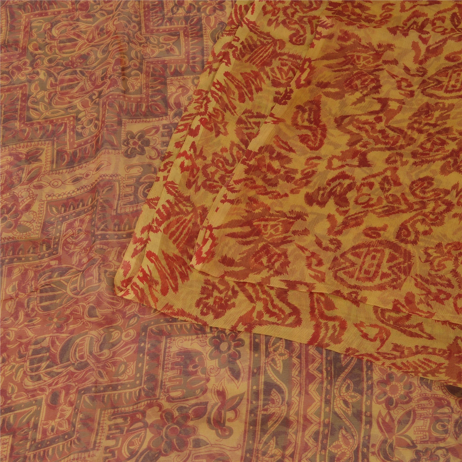 Sanskriti Vintage Yellow Sarees Pure Chiffon Silk Printed Sari 5yd Craft Fabric