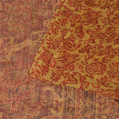 Sanskriti Vintage Yellow Saree 100% Pure Chiffon Silk Paisley Printed Sari 5.5+Yd Craft Fabric Uses-Table linen, Cushions, Curtains,