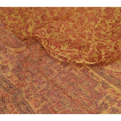 Sanskriti Vintage Yellow Saree 100% Pure Chiffon Silk Paisley Printed Sari 5.5+Yd Craft Fabric Uses-Table linen, Cushions, Curtains,