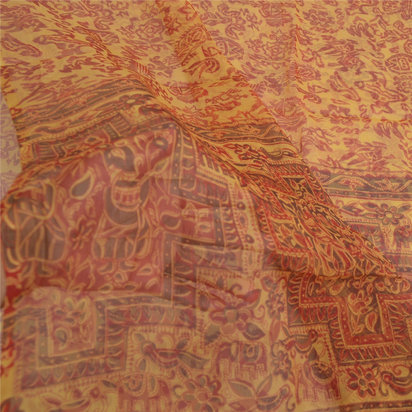 Sanskriti Vintage Yellow Saree 100% Pure Chiffon Silk Paisley Printed Sari 5.5+Yd Craft Fabric Uses-Table linen, Cushions, Curtains,