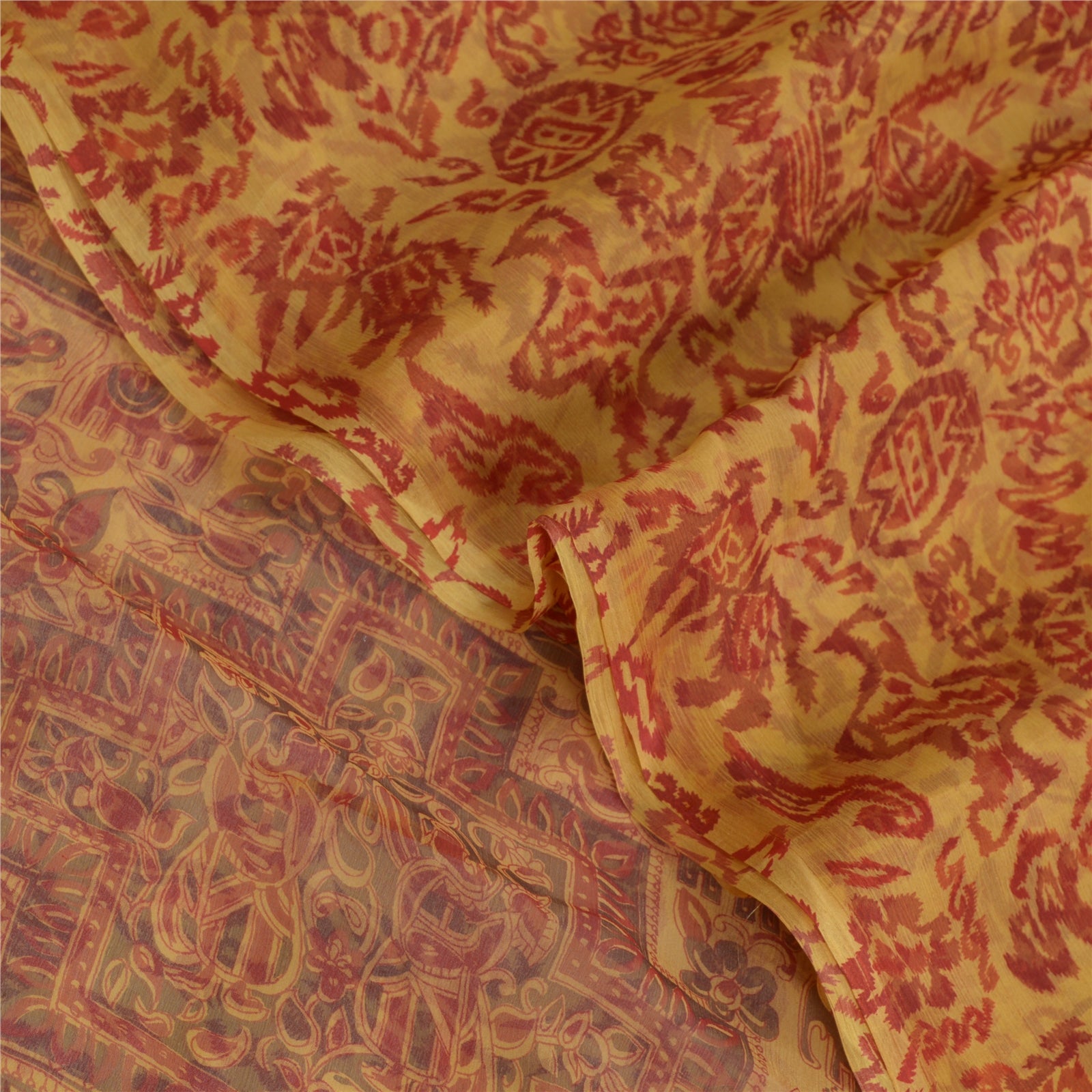 Sanskriti Vintage Yellow Sarees Pure Chiffon Silk Printed Sari 5yd Craft Fabric