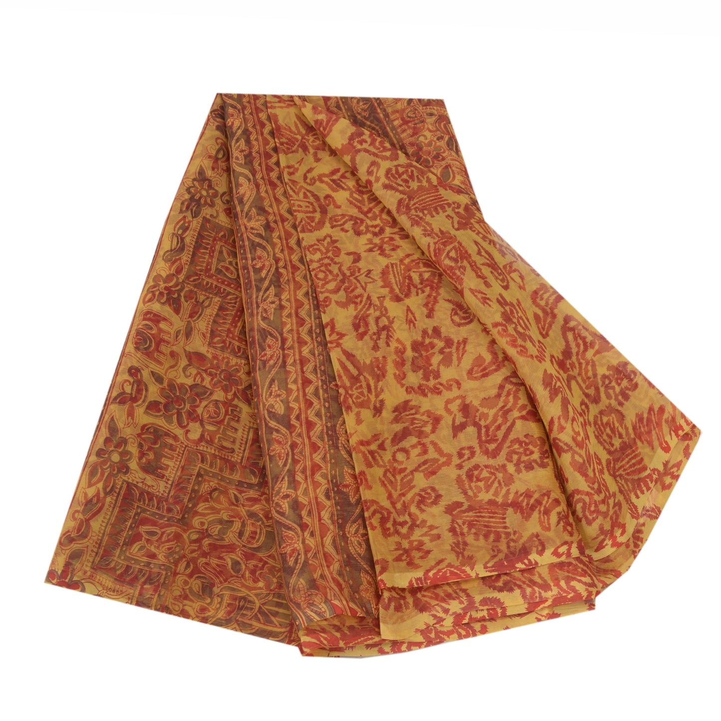 Sanskriti Vintage Yellow Saree 100% Pure Chiffon Silk Paisley Printed Sari 5.5+Yd Craft Fabric Uses-Table linen, Cushions, Curtains,