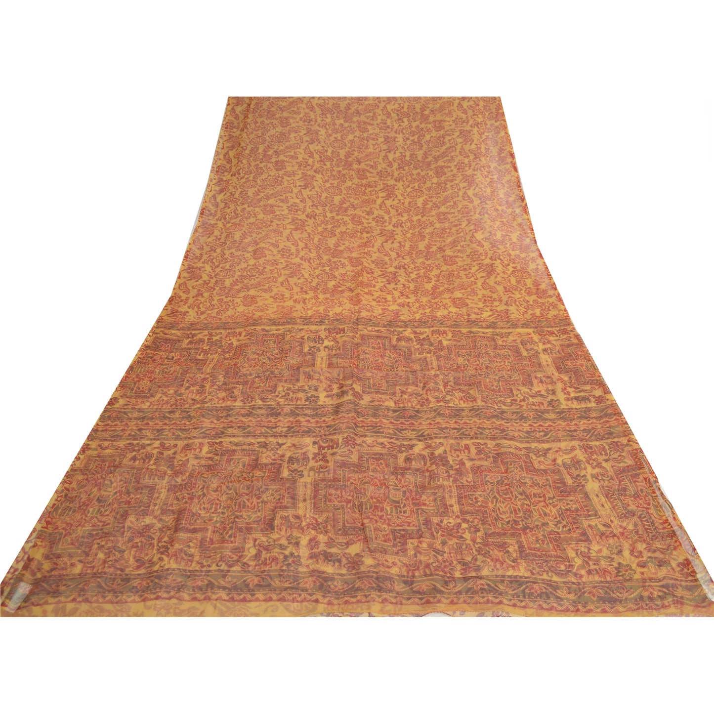 Sanskriti Vintage Yellow Saree 100% Pure Chiffon Silk Paisley Printed Sari 5.5+Yd Craft Fabric Uses-Table linen, Cushions, Curtains,