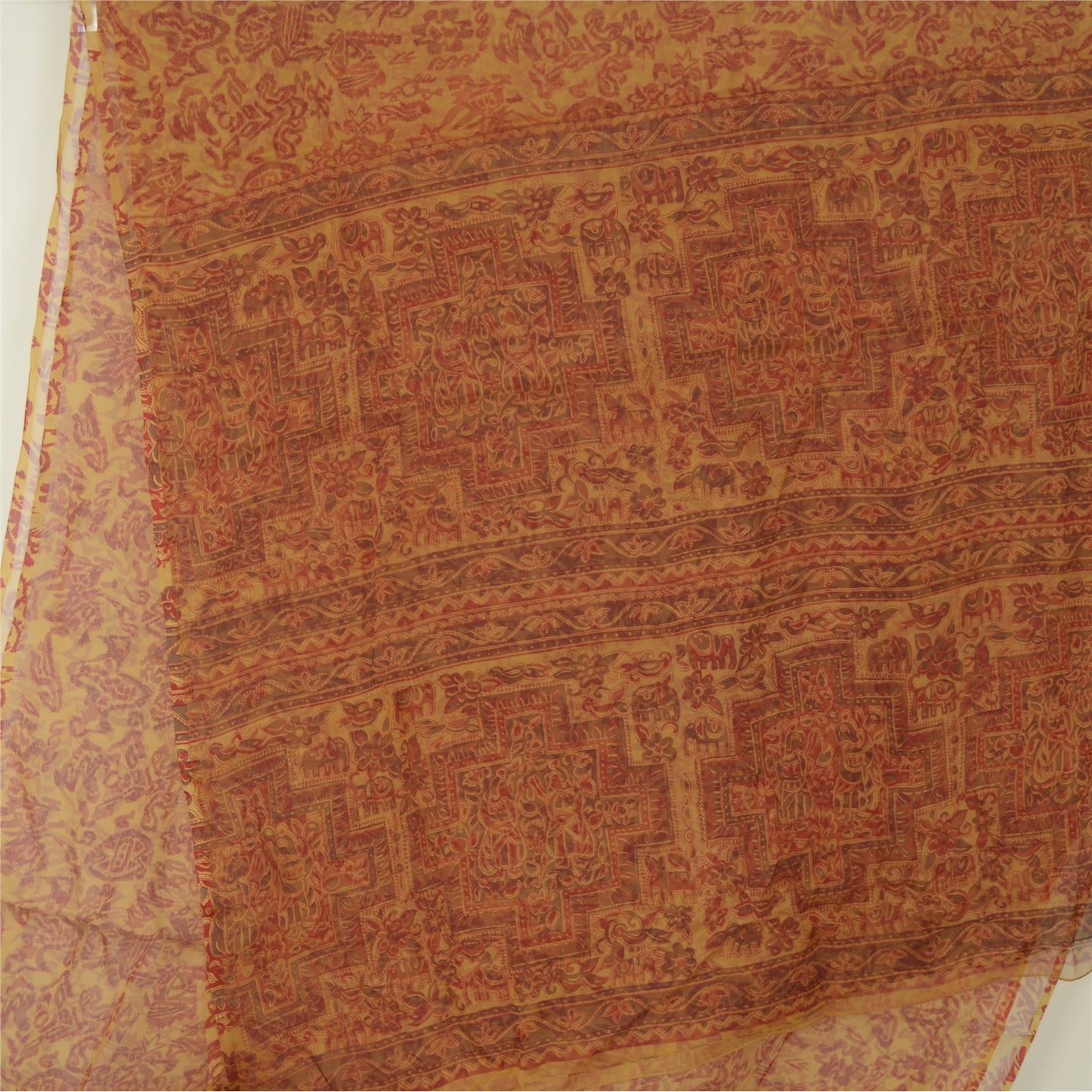 Sanskriti Vintage Yellow Saree 100% Pure Chiffon Silk Paisley Printed Sari 5.5+Yd Craft Fabric Uses-Table linen, Cushions, Curtains,
