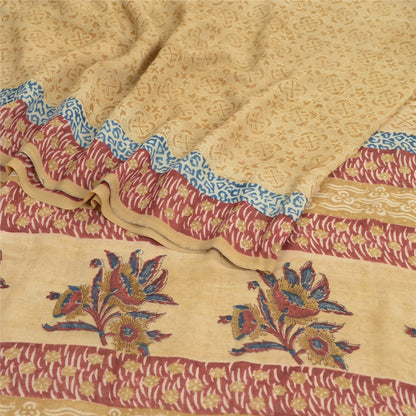 Sanskriti Vintage Cream Sarees 100% Pure Georgette Silk Printed Sari 5 Yd Sustainable Fabric