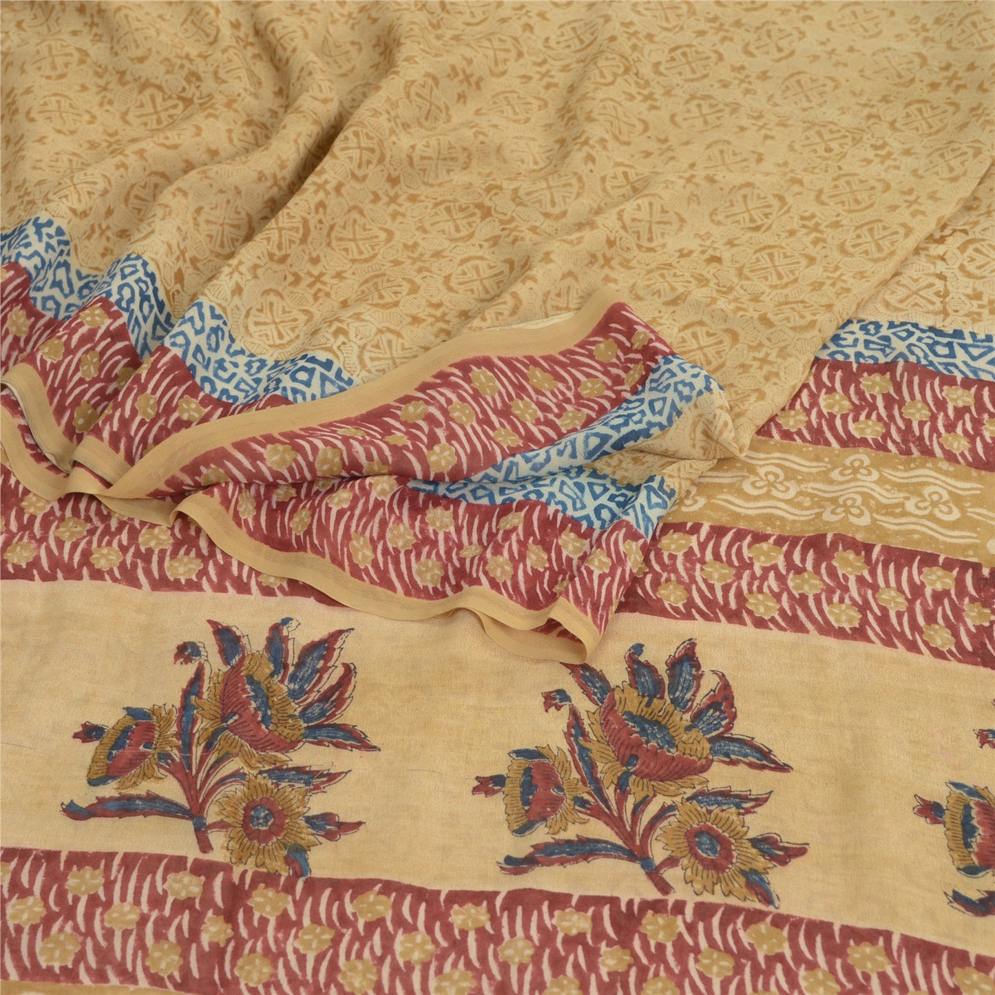 Sanskriti Vintage Cream Sarees 100% Pure Georgette Silk Printed Sari 5 Yd Sustainable Fabric