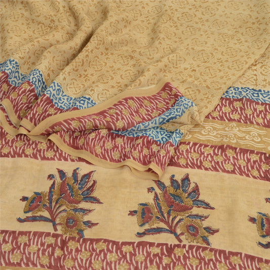 Sanskriti Vintage Cremefarvede Sarier 100% Ren Georgette Silke Trykt Sari 5 Yard Bæredygtigt Stoff