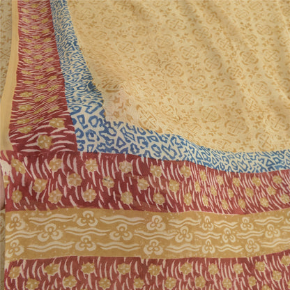 Sanskriti Vintage Cream Sarees 100% Pure Georgette Silk Printed Sari 5 Yd Sustainable Fabric