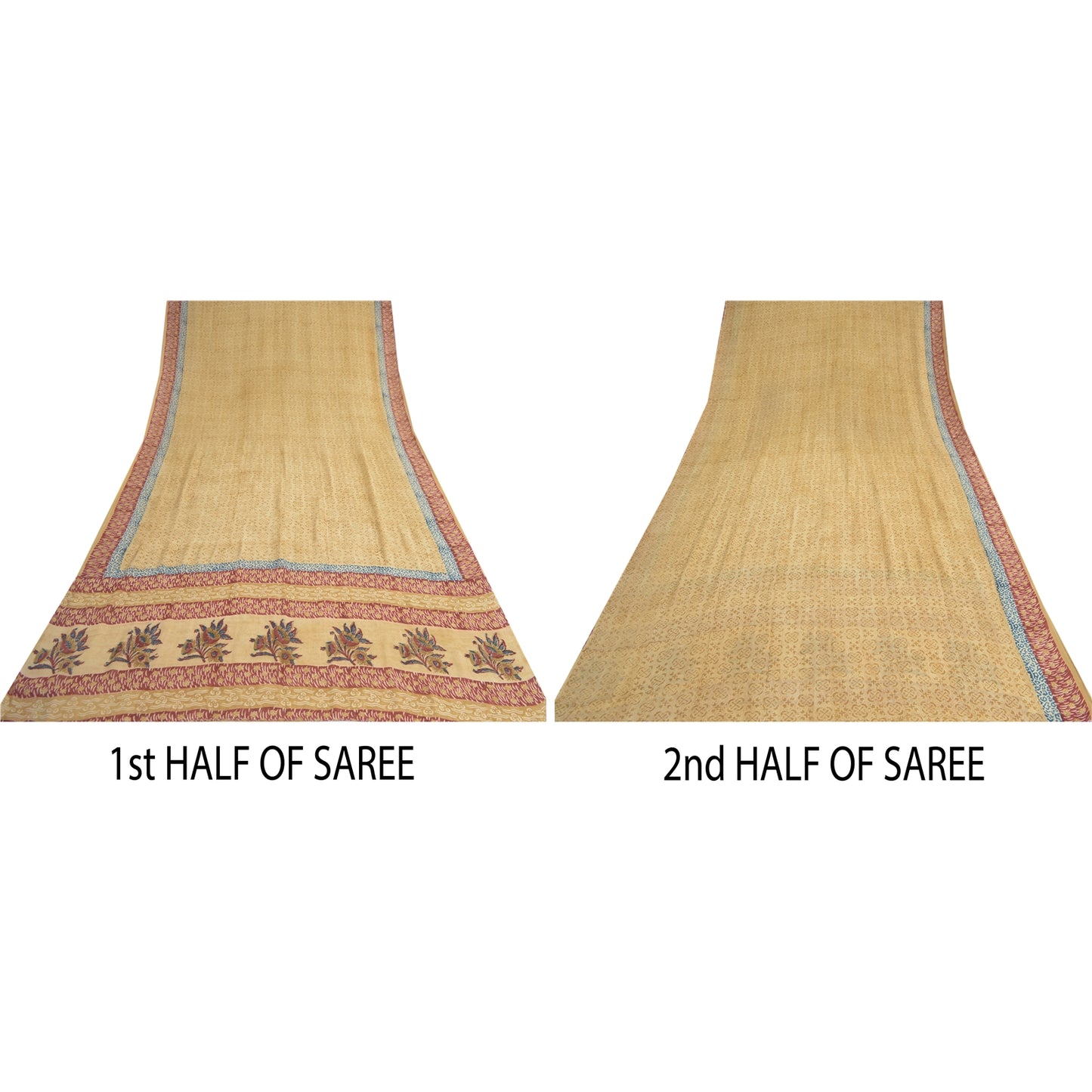 Sanskriti Vintage Cream Sarees 100% Pure Georgette Silk Printed Sari 5 Yd Sustainable Fabric