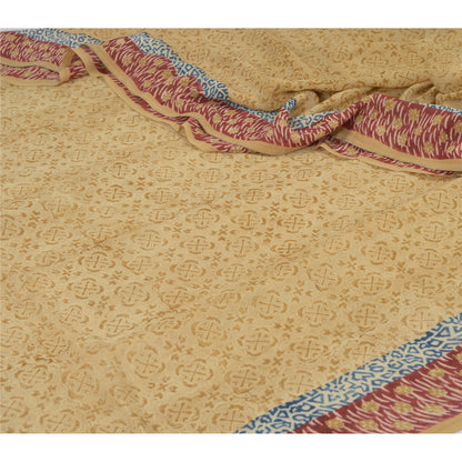 Sanskriti Vintage Cream Sarees 100% Pure Georgette Silk Printed Sari 5 Yd Sustainable Fabric