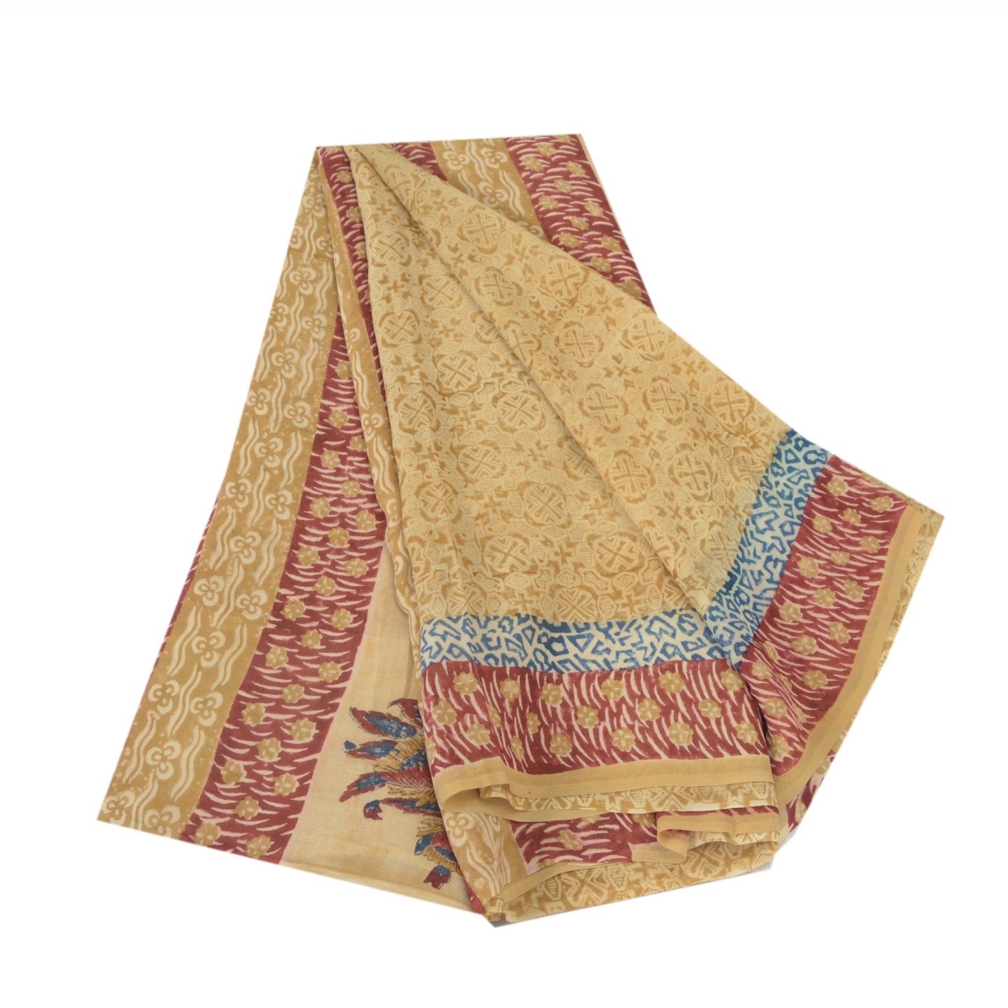Sanskriti Vintage Cream Sarees 100% Pure Georgette Silk Printed Sari 5 Yd Sustainable Fabric