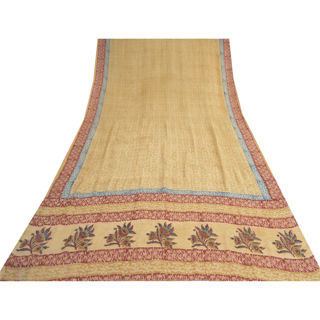 Sanskriti Vintage Cream Sarees 100% Pure Georgette Silk Printed Sari 5 Yd Sustainable Fabric