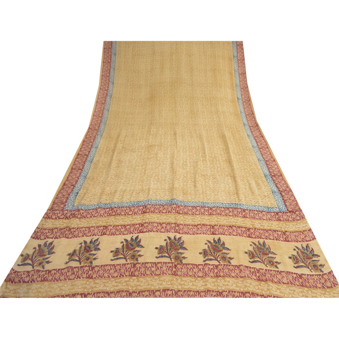 Sanskriti Vintage Cream Sarees 100% Pure Georgette Silk Printed Sari 5 Yd Sustainable Fabric