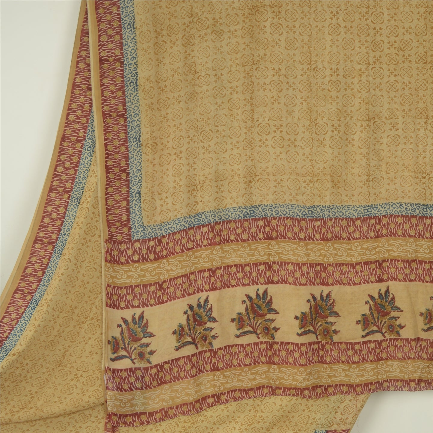 Sanskriti Vintage Cream Sarees 100% Pure Georgette Silk Printed Sari 5 Yd Sustainable Fabric