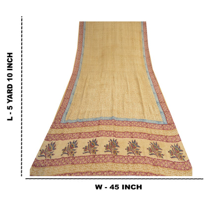 Sanskriti Vintage Cream Sarees 100% Pure Georgette Silk Printed Sari 5 Yd Sustainable Fabric