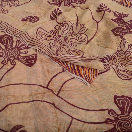 Sanskriti Vintage 100% Pure Georgette Brown/Orange Saree Floral Print Sari 5Yd Craft Fabric Bohemian Fabric For Dressmaking,Craft Supplie